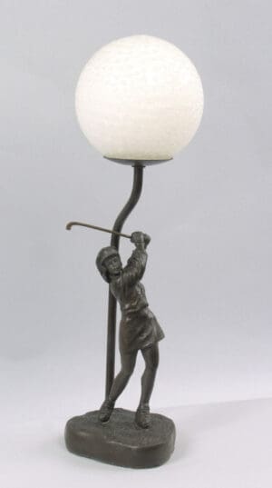 Lady Golfer Table Lamp w/ Frosted Glass Globe Shade
