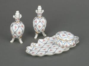 Perfume Set w/ Tray, White Porcelain w/ Blue & Gold Accents