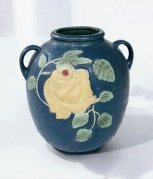 Roseville-Style, White Rose Pot in Blue, 9"