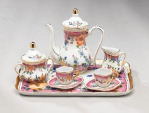 Mini Tea Set 8pc, Pink Floral w/ Gold Accents