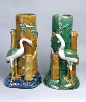 Majolica Style Ceramic Crane Vase Pair