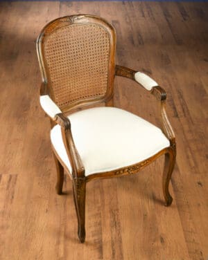 Arm Chair Rose Cane Back Linen Seat - Walnut Finish
