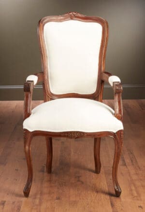 Arm Chair Carved Rose Linen Seat - Walnut Finish