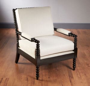 Arm Chair Bobbin Frame Upholstered Linen - Black Finish