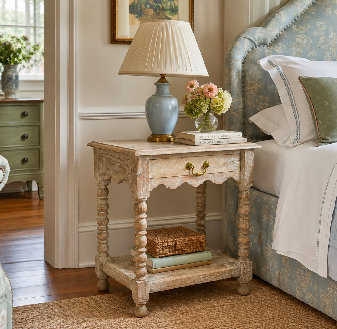 Weathered wooden nightstand with a blue ceramic lamp, a vase of pink and green flowers, and stacked books beside a blue-upholstered bed.