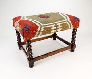 Foot Stool Red Kilim Fabric Pecan Finish