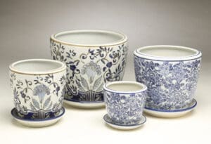 Planter, Set Of 4 With Plate, Blue Floral