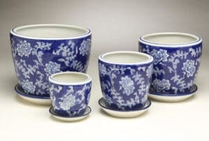 Planter, Set Of 4 With Plate, Blue with white Floral