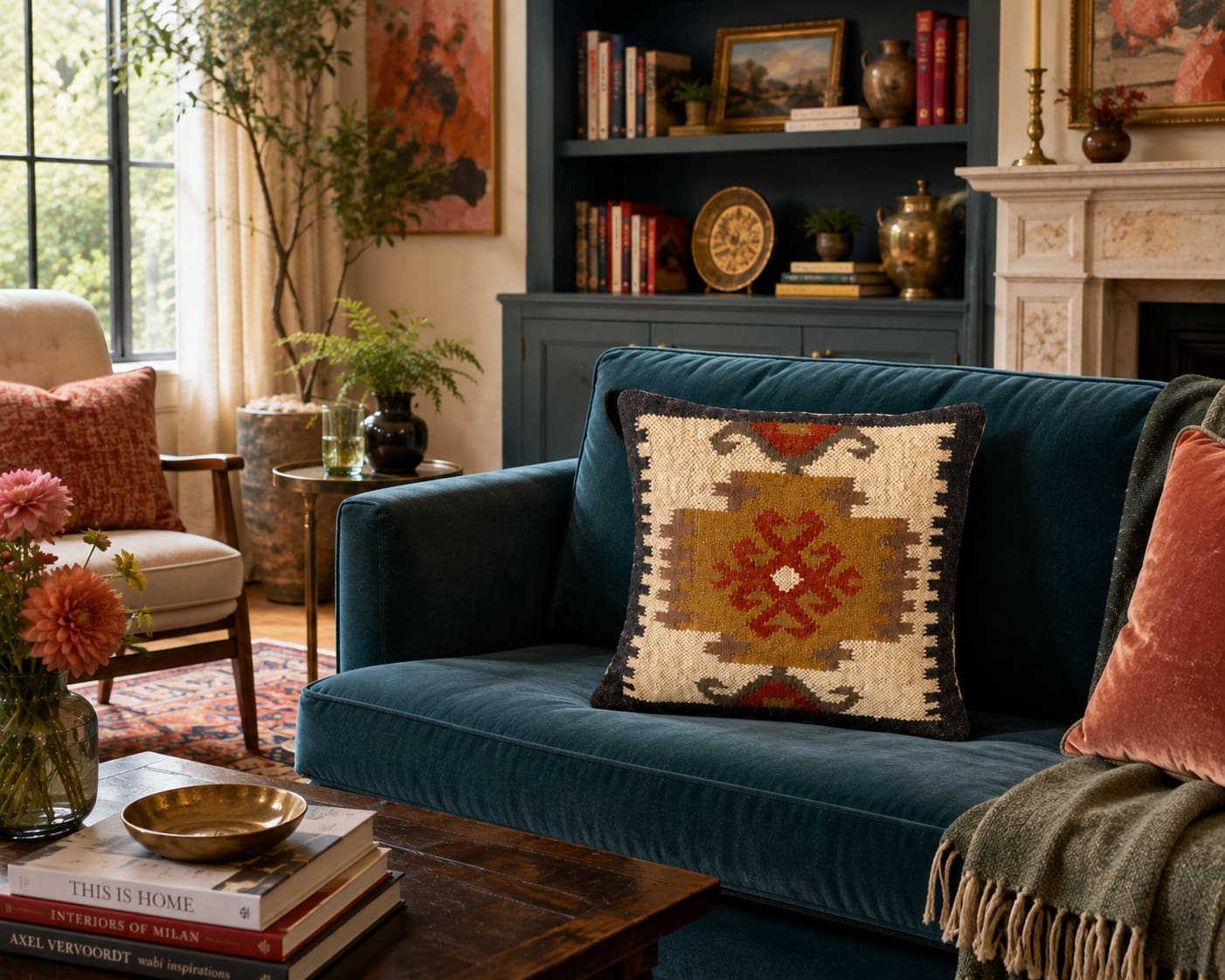 Cozy living room with a teal velvet sofa, decorative patterned pillow, and a wooden coffee table with stacked books.