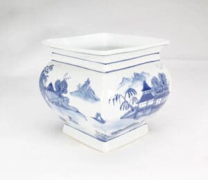 Square Porcelain Planter, Blue Pagoda Design