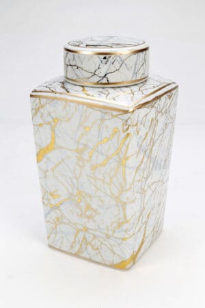Square Ginger Jar, Faux Marble with Gold Accents