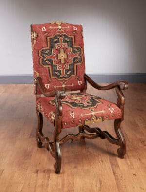 Arm Chair Nancy Red Kilim Fabric Pecan Finish