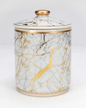 Round Jar, Faux Marble Finish with Gold Accents