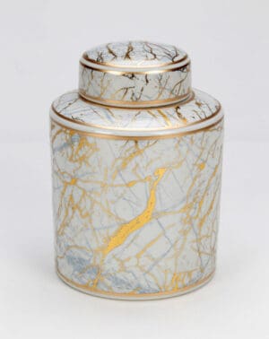 Cylindrical Jar, Faux Marble with Gold Accents