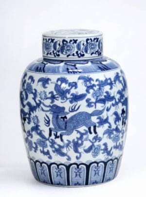 Ginger Jar with Deer Design Blue 15 in