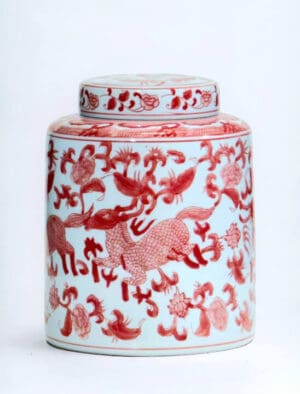 Round Jar with Deer Design Red 10.5 in