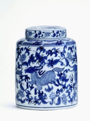 Round Jar with Deer Design Blue 10.5 in