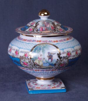 Porcelain Jar w/ Stand- Painted Romatic Scene