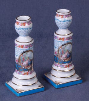 Porcelain Candlestick Pair - Painted Romantic Scene